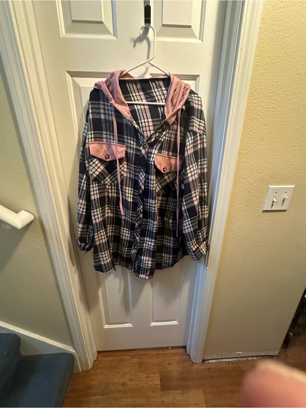 Plaid Hooded Flannel Shirt Jacket with Pink Accents